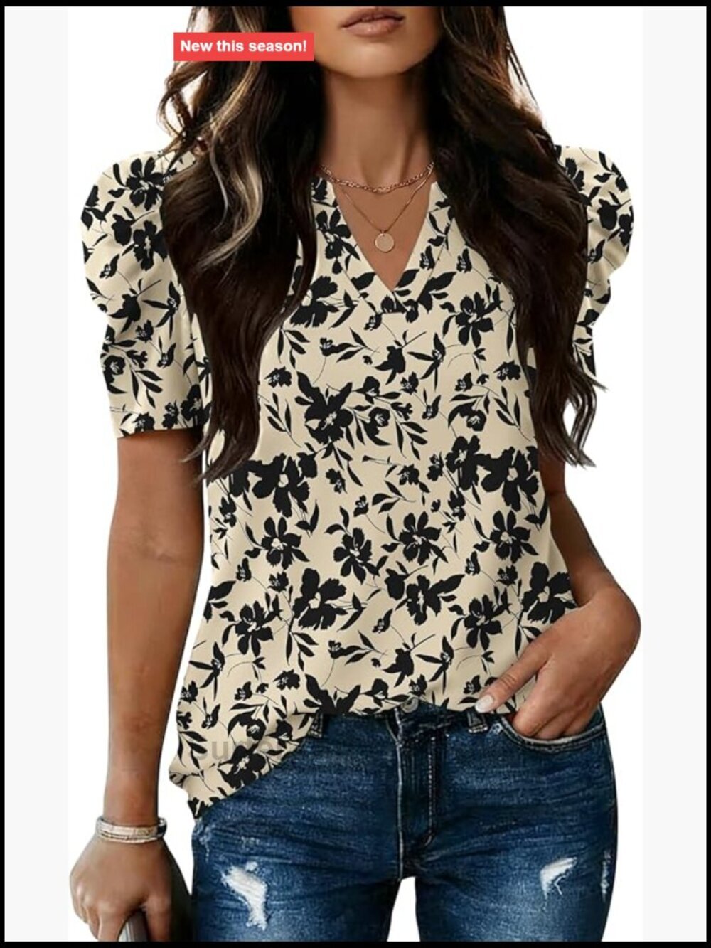 Women's V Neck Puff Short Sleeve Blouse - Soft Lightweight Work Top